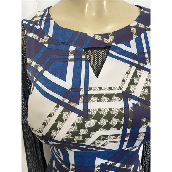 Karen Millen Dress Sheath Round Neck Mesh Sleeve Blue Purple Geometric 4 S - Picture 4 of 9